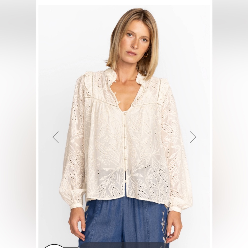 Johnny Was Lace PALMAS RICAS EYELET BLOUSE ruffle long sleeve Cotton Silk XL